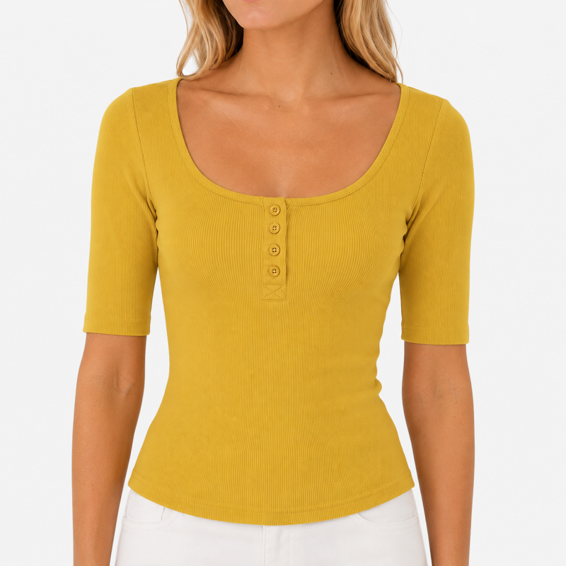 Ladies Scoop Neck Button Short Sleeve Top