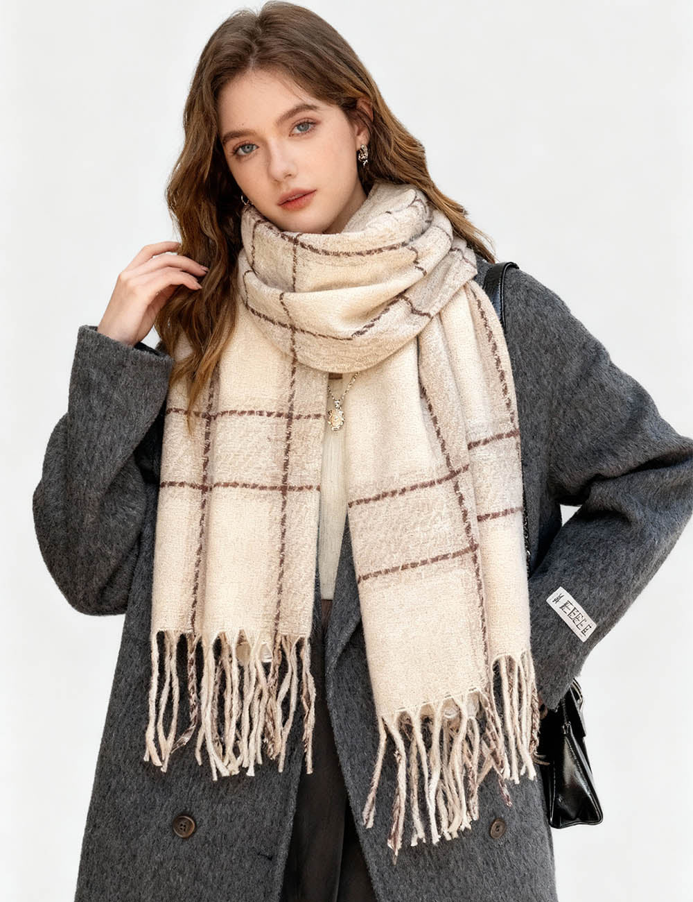 Ladies Vintage Cozy Checked Tassel Knit Scarf