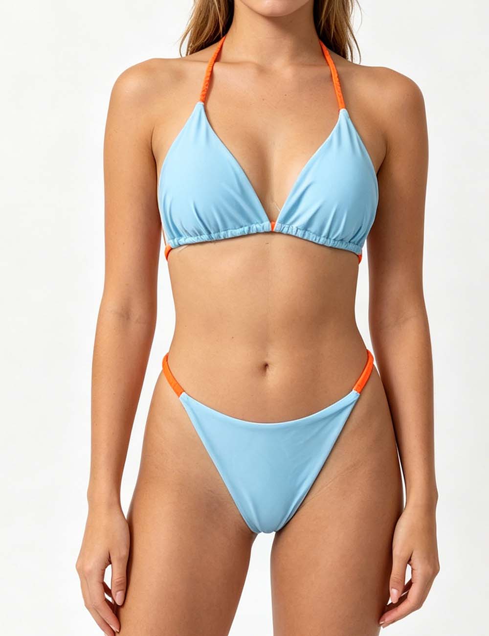 Ladies Color Block Braided Strap Triangle Bikini Set