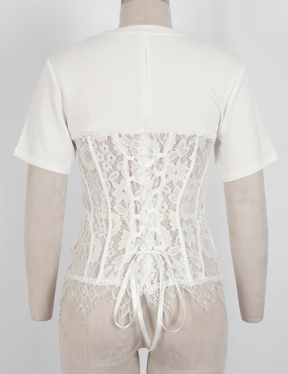 Ladies Lace Scalloped Hem Round Neck Short Sleeves Top
