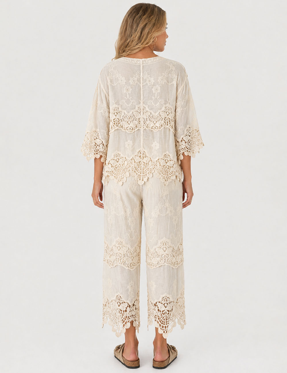 Ladies Crochet Scalloped Lace Embroidery Top & Pants Matching Set
