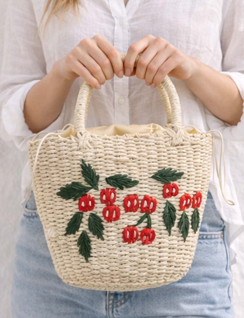 Ladies Boho Cute Fruit Woven Straw Handle Tote Bag