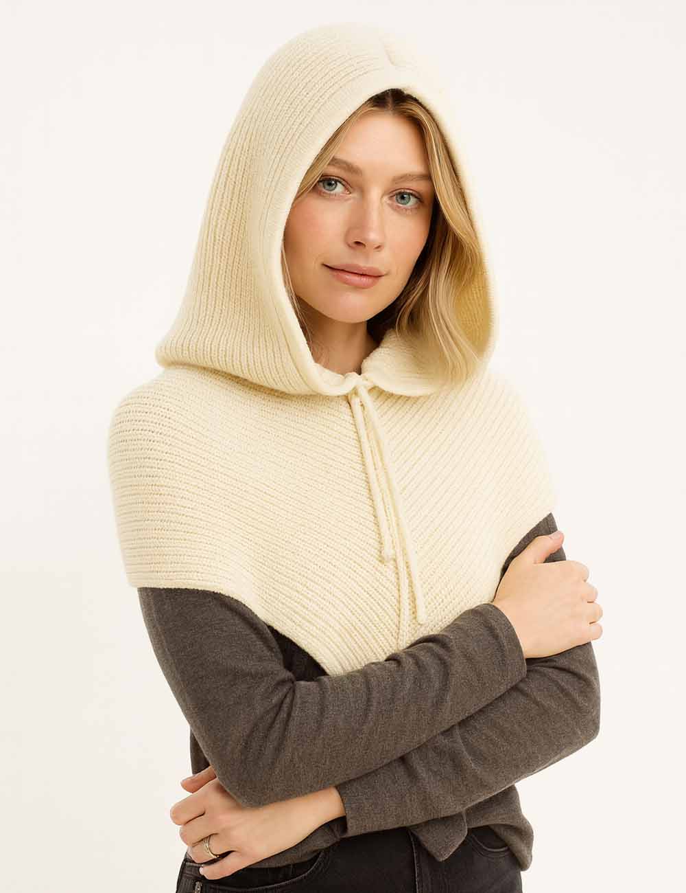 Ladies Simple Fashionable Drawstring Hooded Knit Scarf