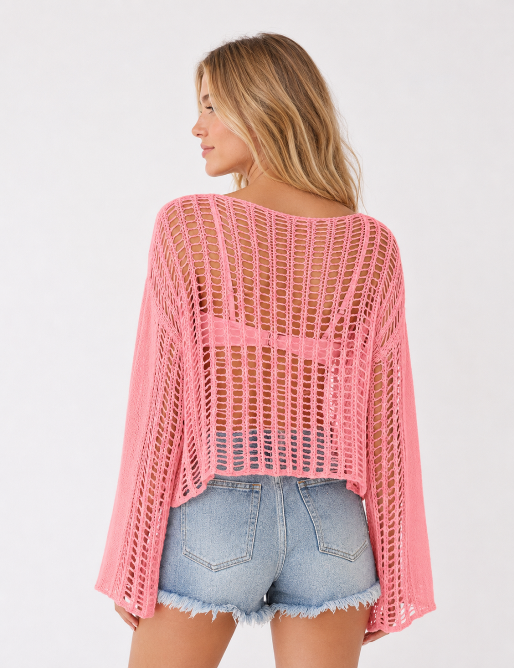 Ladies Long Sleeve Knit Mesh Hollow Out Cropped Cover Up
