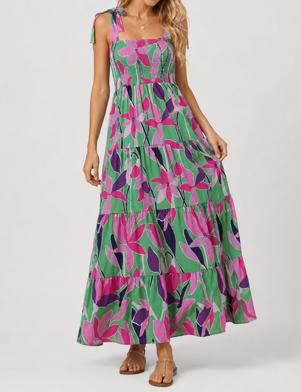 Ladies Abstract Print Smocked Tie Strap Square Neck Midi Dress
