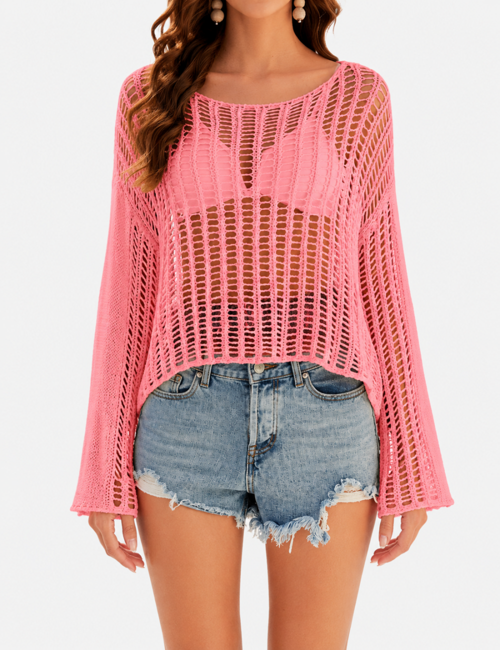 Ladies Long Sleeve Knit Mesh Hollow Out Cropped Cover Up
