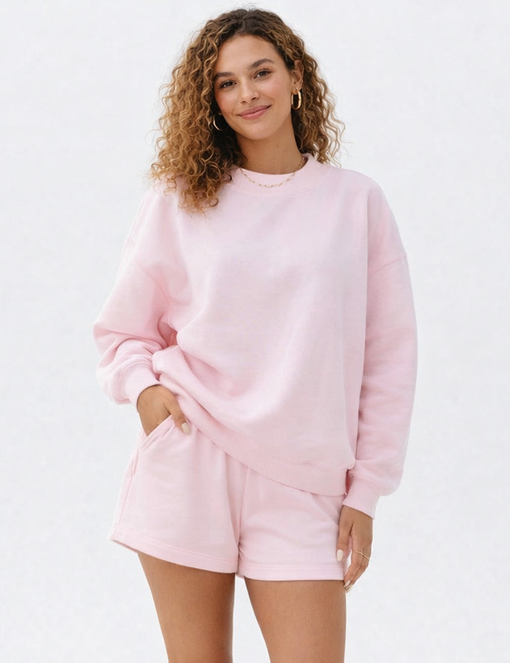 Ladies Casual Fleeced Mock Neck Sweatshirt & Shorts Matching Set