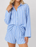 Ladies Striped Button Down Blouse & Shorts Matching Set