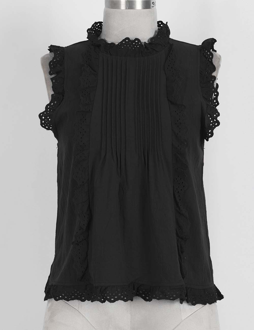 Ladies Boho Eyelet Lace Pleated Round Neck Sleeveless Babydoll Top