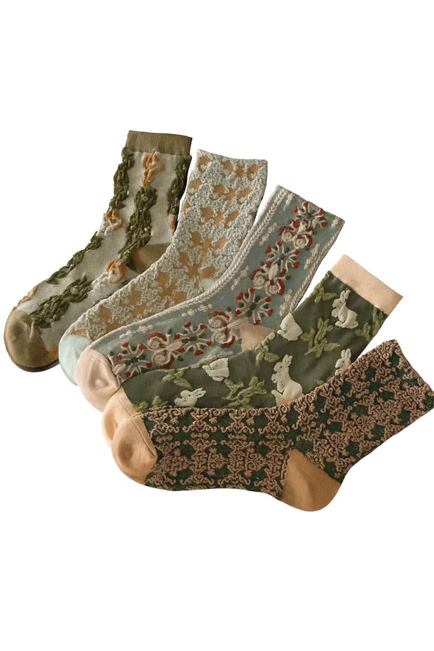 Ladies 5 Pack Vintage Floral Jacquard Socks Set