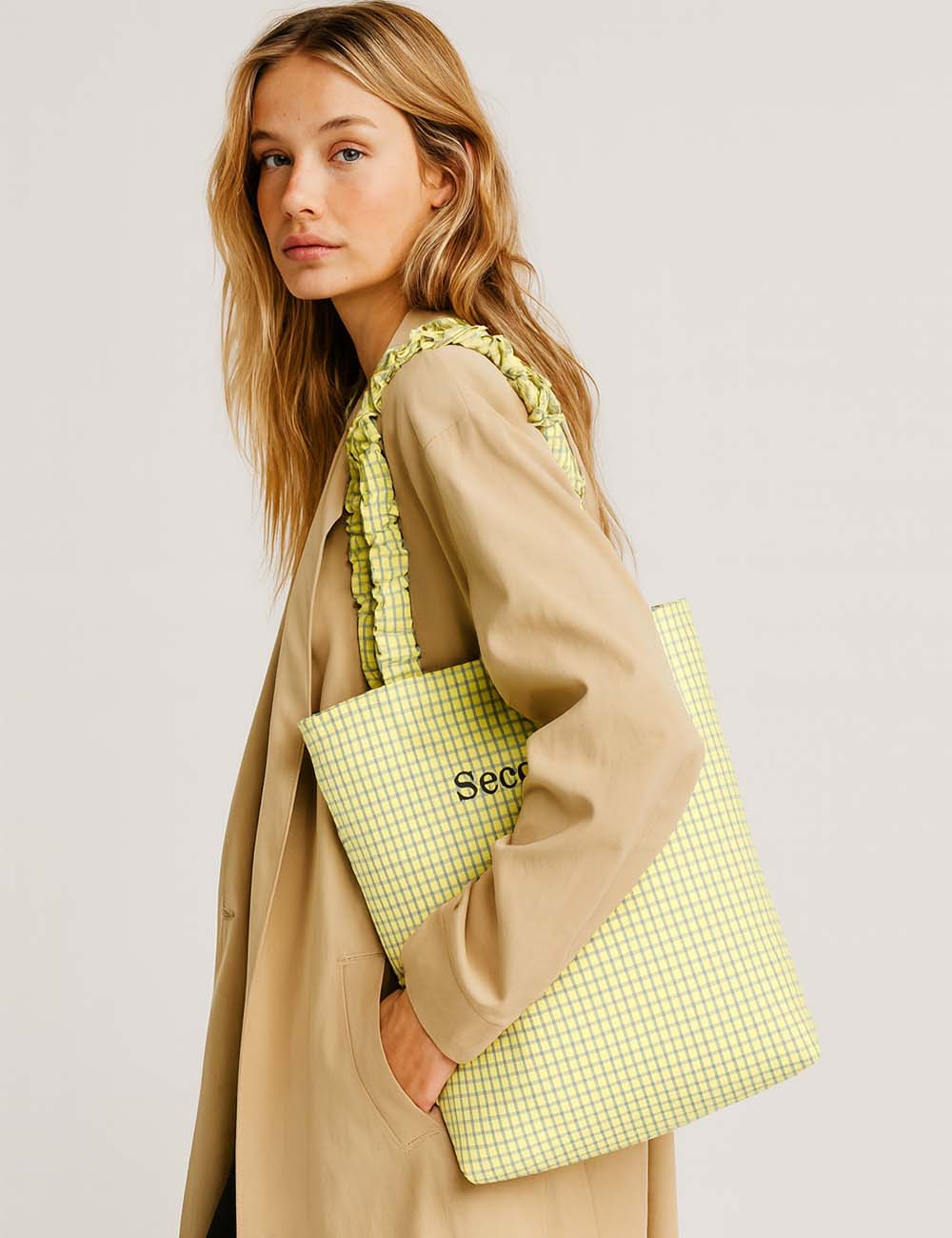 Ladies Plaid Gingham Letter Embroidery Shoulder Tote Bag