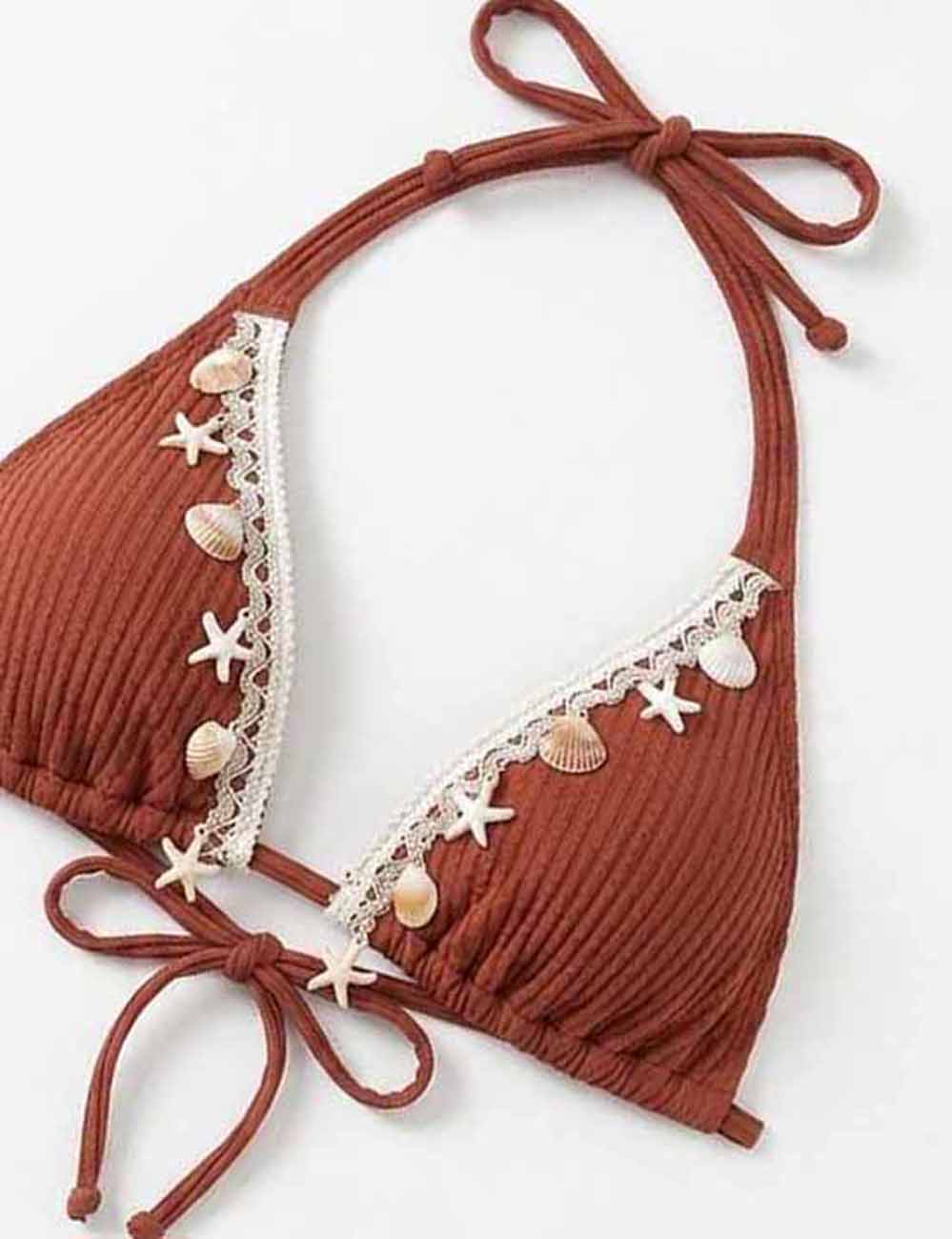 Ladies Shell Charm Halter Neck Ribbed Triangle 2 Piece Bikini Set