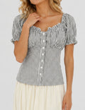 Ladies Striped Puff Sleeves Button Front Crop Top
