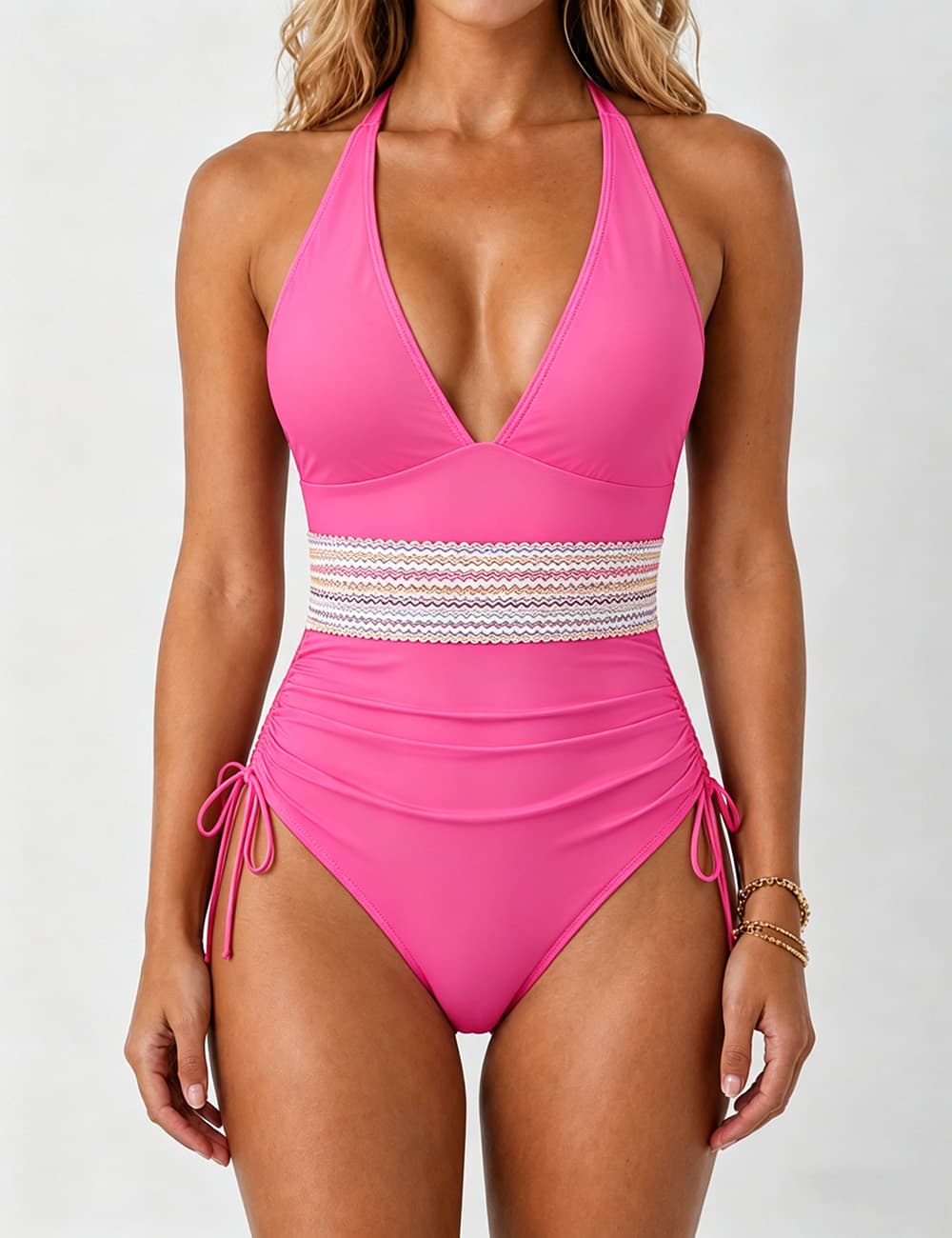 Ladies Deep V-Neck Adjustable Side Drawstring One Piece Swimsuit