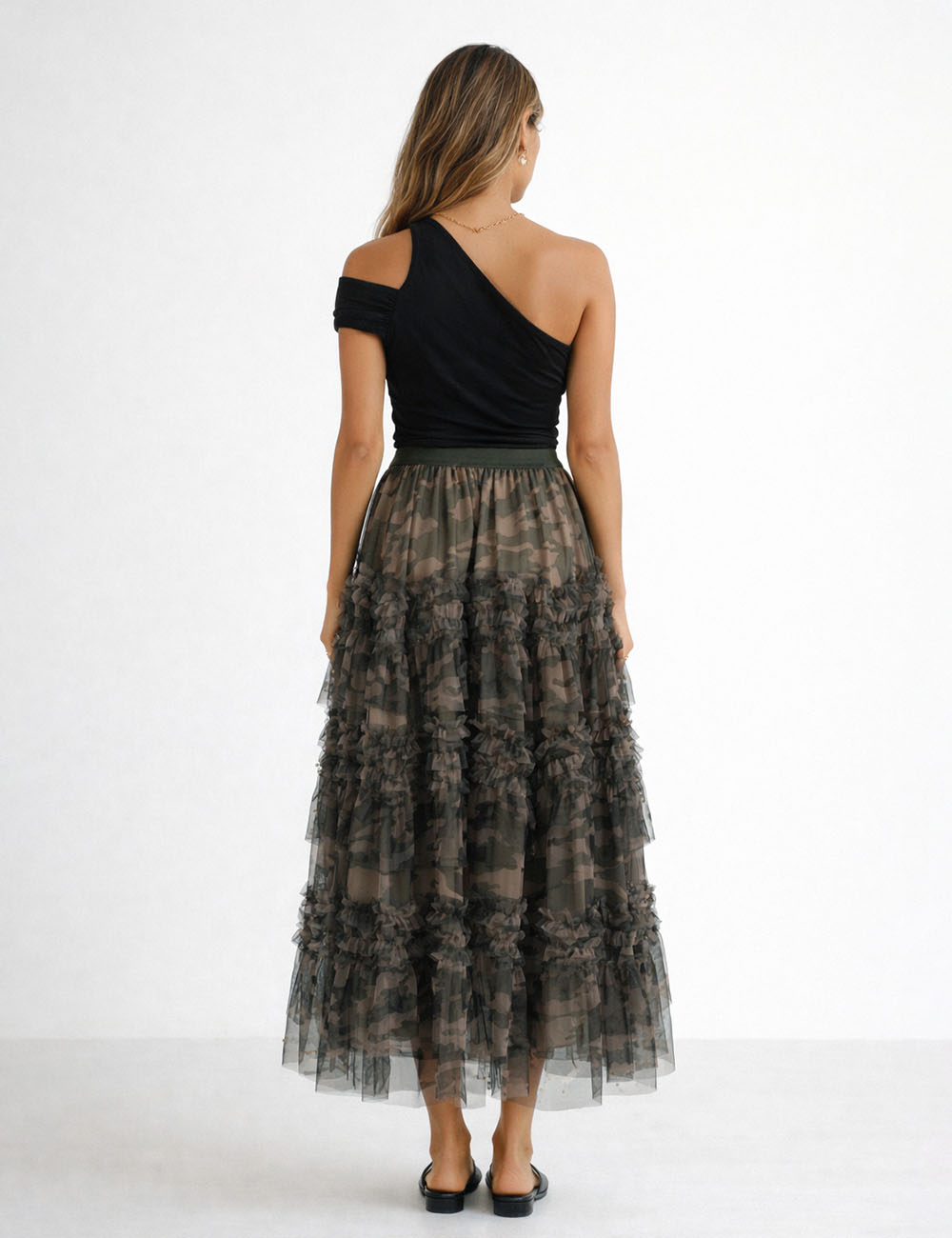 Ladies Casual Camo Print Pearl Tiered Ruffle Tulle Maxi Skirt