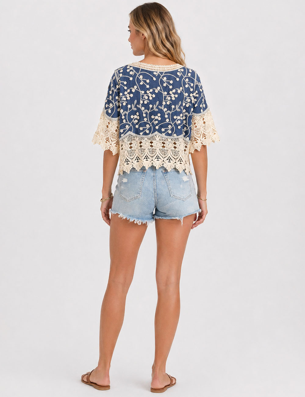 Ladies Boho Embroidery Lace Tie-Neck Tassel Blouse