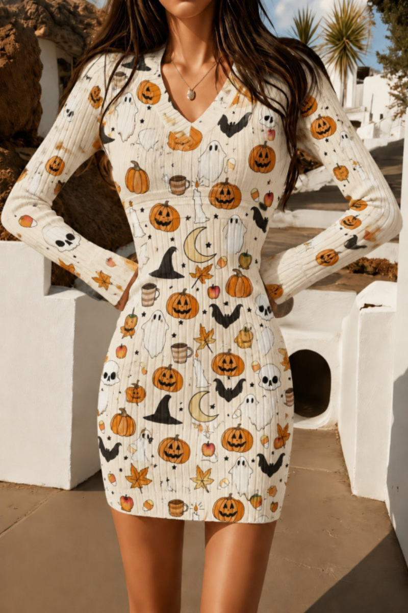 Women Fall Clothing Halloween Pumpkin Ribbed Bodycon Dress