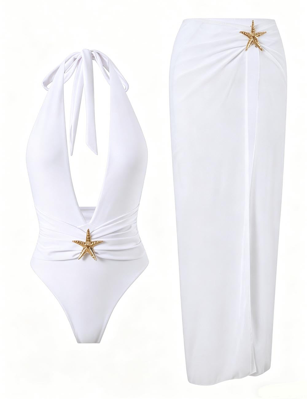 Ladies Gold Starfish Detail Deep V-Neck One-Piece with Salong