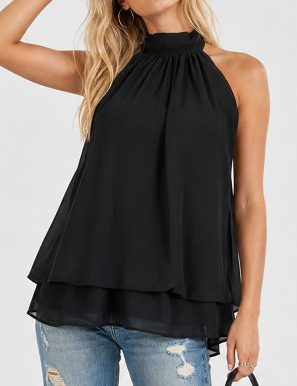 Ladies Chiffon Stand Neck Solid Color Ruffle Hem Sleeveless Top