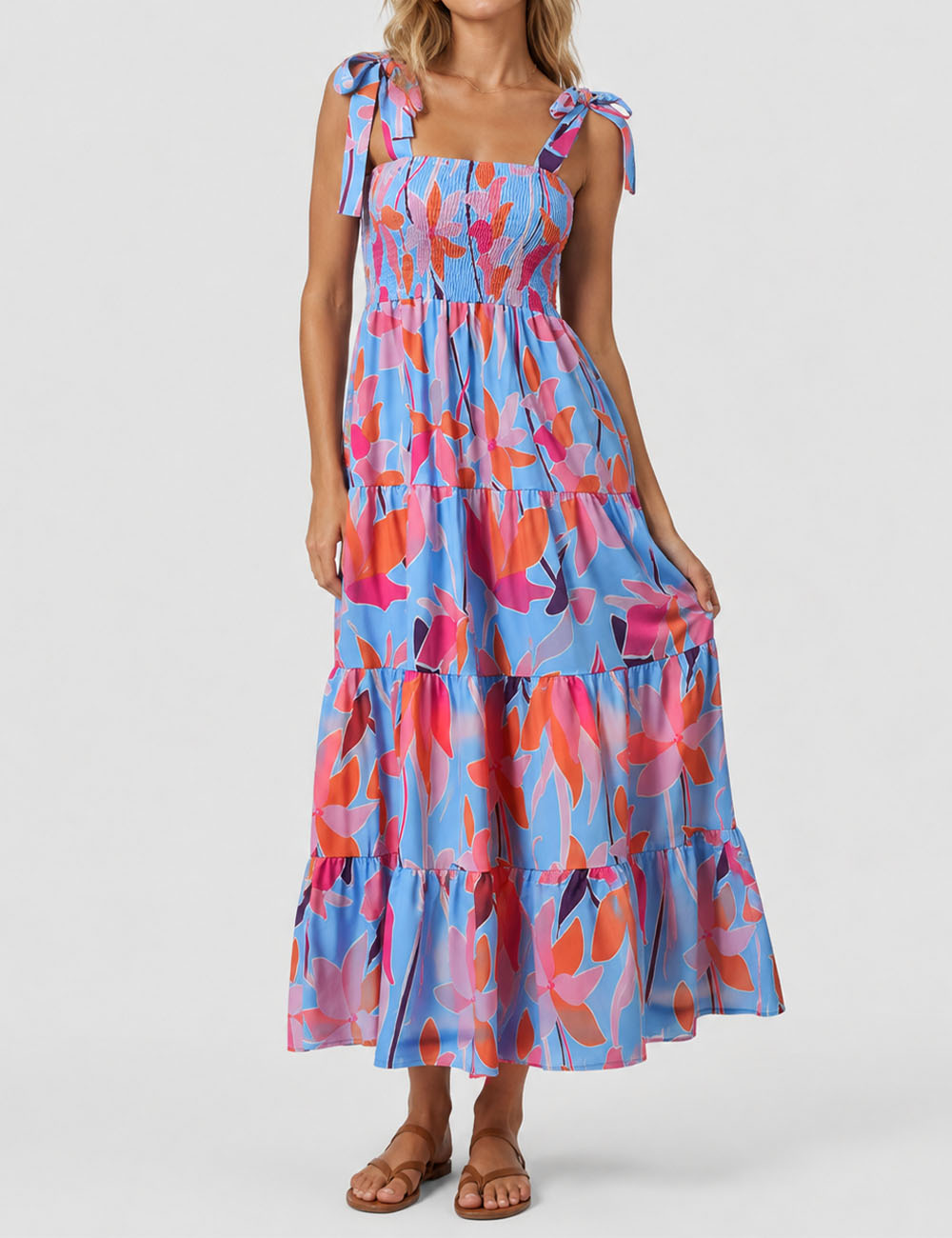 Ladies Abstract Print Smocked Tie Strap Square Neck Midi Dress