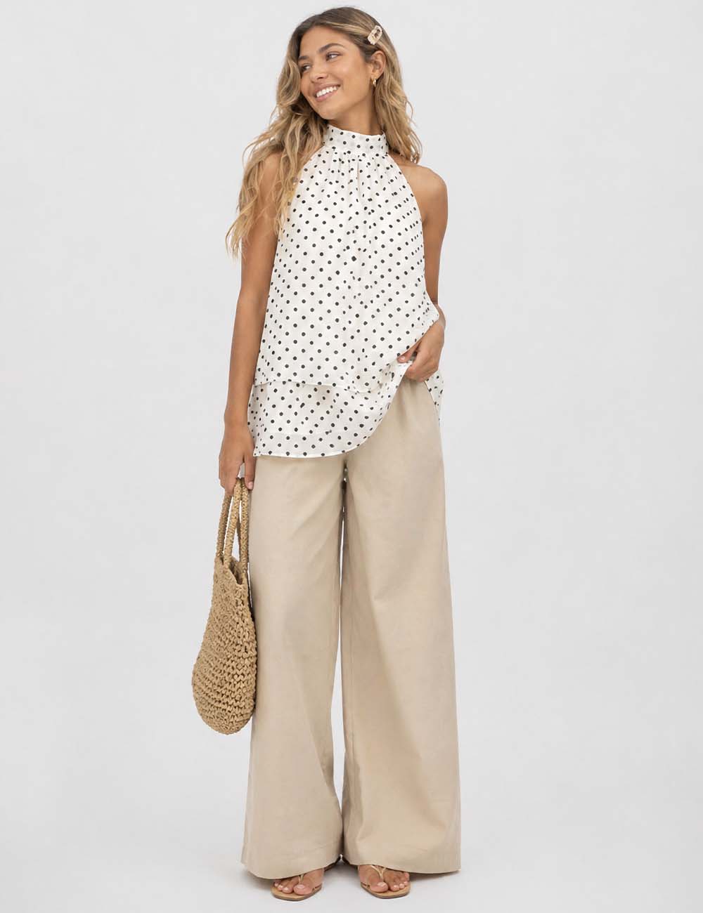 Ladies Chiffon Polka Dot Stand Neck Sleeveless Ruffle Hem Top