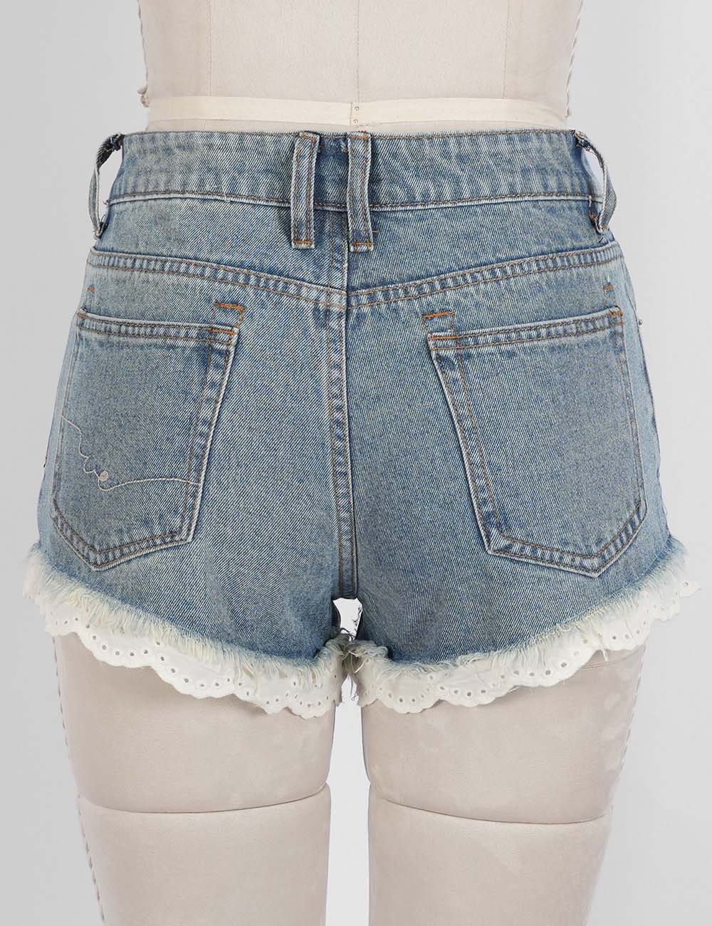 Ladies Lace Trim Frayed Hem Wide Leg Denim Shorts