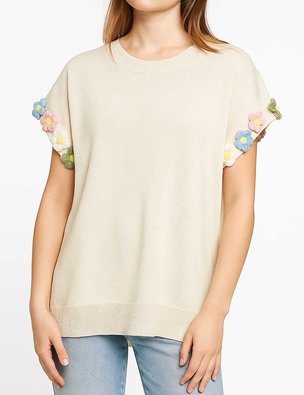 Ladies 3D Flower Pullover Short Sleeves Knit Top