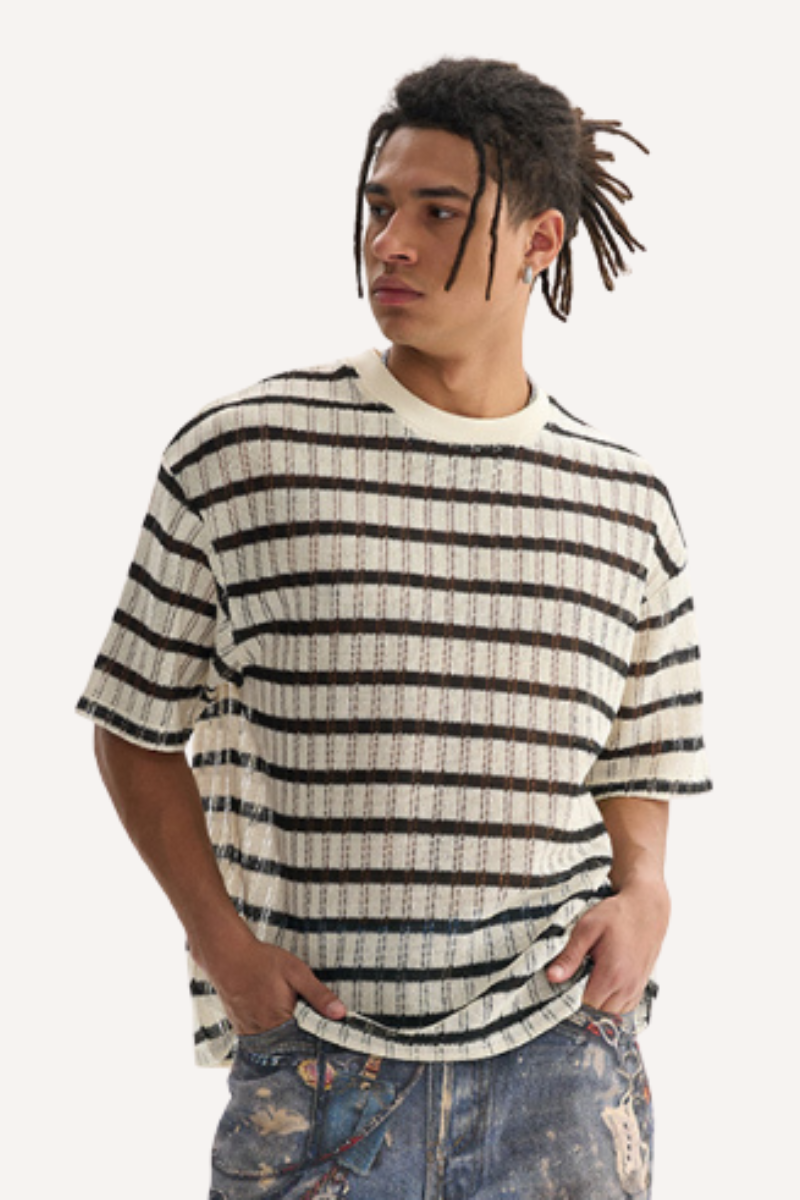 Men's Summer 205g Stripe Mesh Crewneck Tee