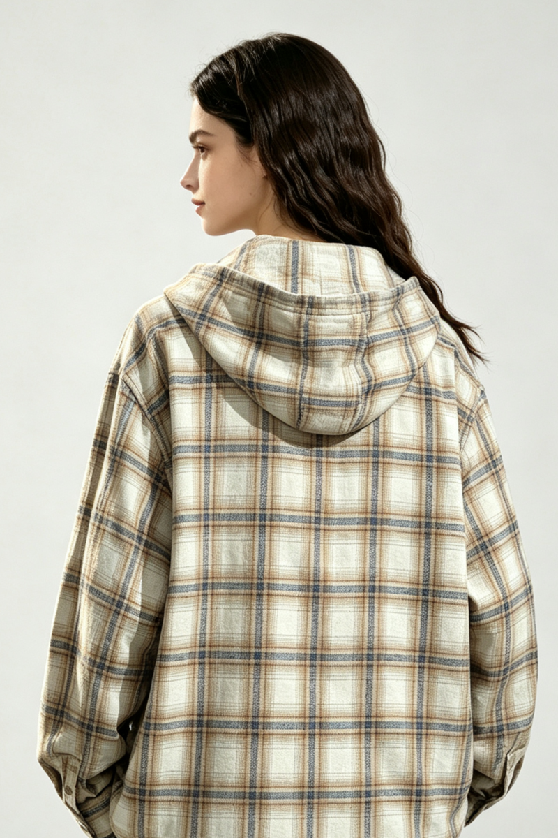 Women's Spring Vintage Hooded Plaid Button-Down Overshirt