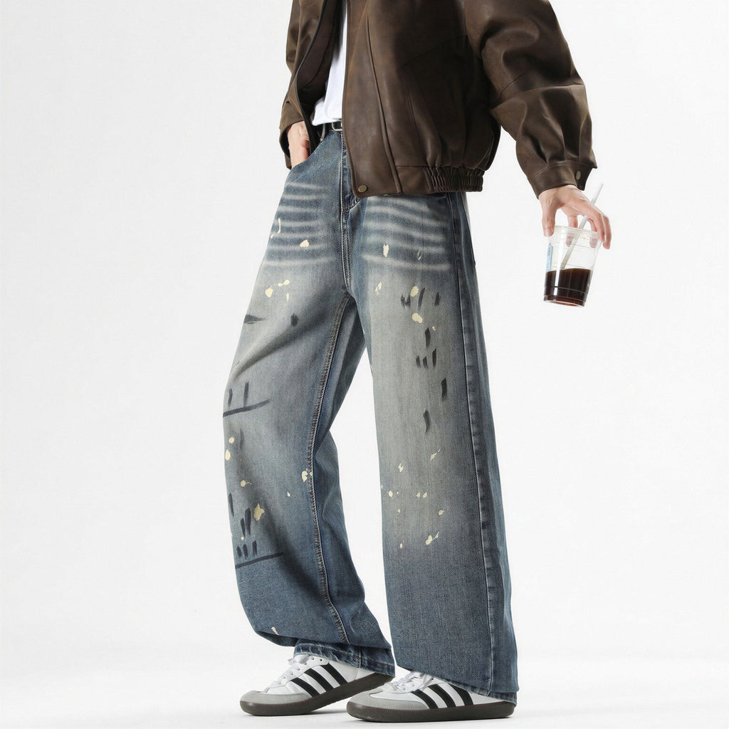 Men's Spring Splash Ink Graffiti Baggy Wide Leg Denim Jeans
