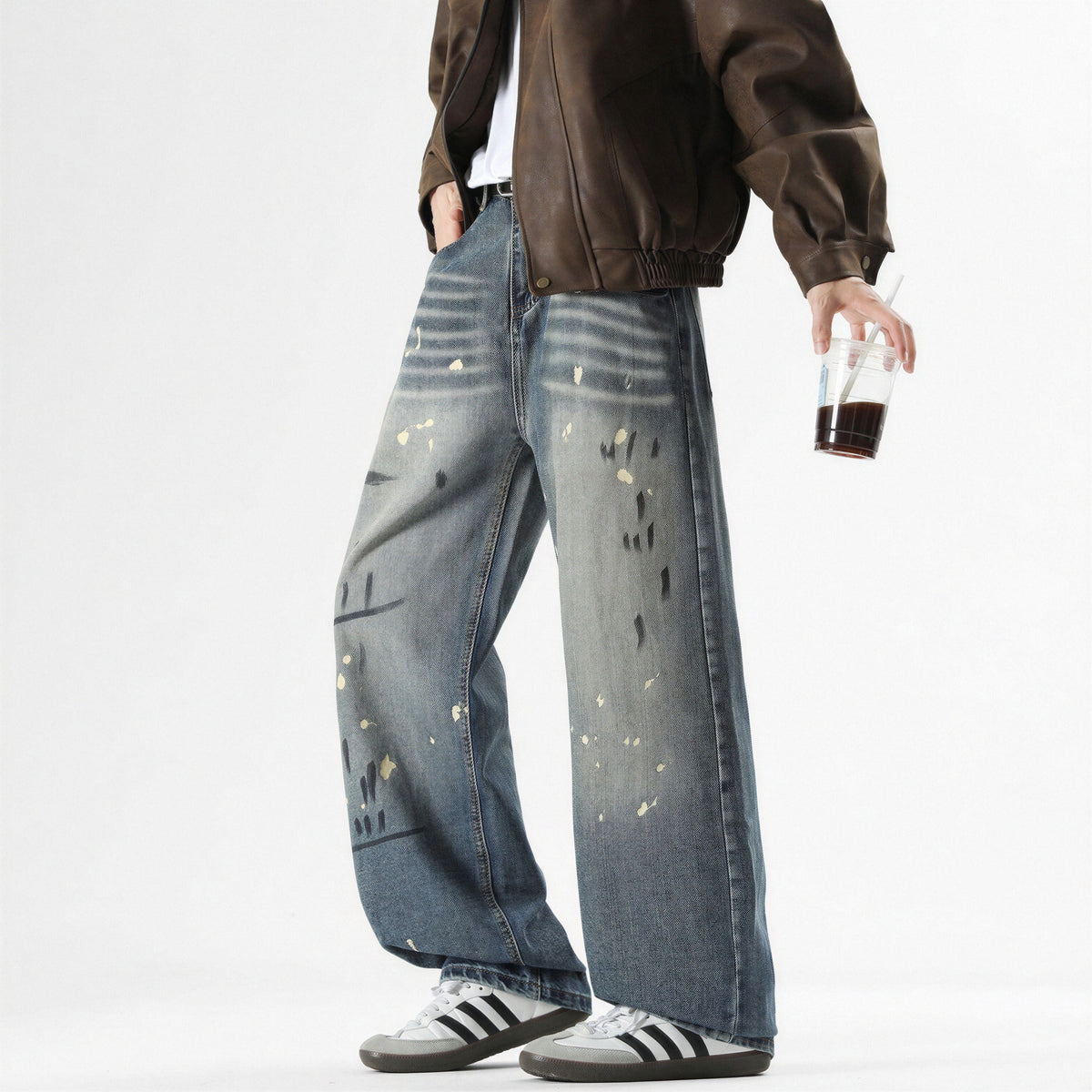 Men's Spring Splash Ink Graffiti Baggy Wide Leg Denim Jeans