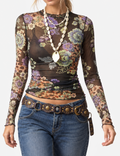 Ladies Floral Leopard Mesh Lettuce Edge Mock Neck Top
