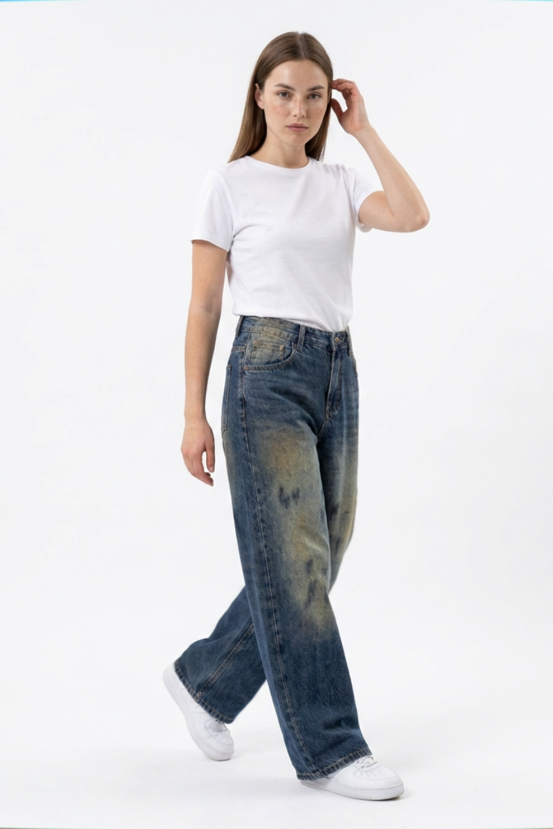 Women's Vintage Wash High Waist Straight Wide Leg Jeans