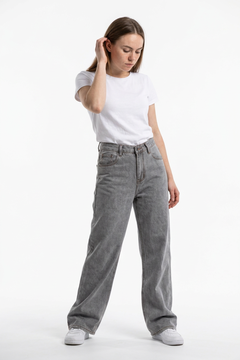 Women's Silver Gray Wash High Waist Wide Leg Jeans