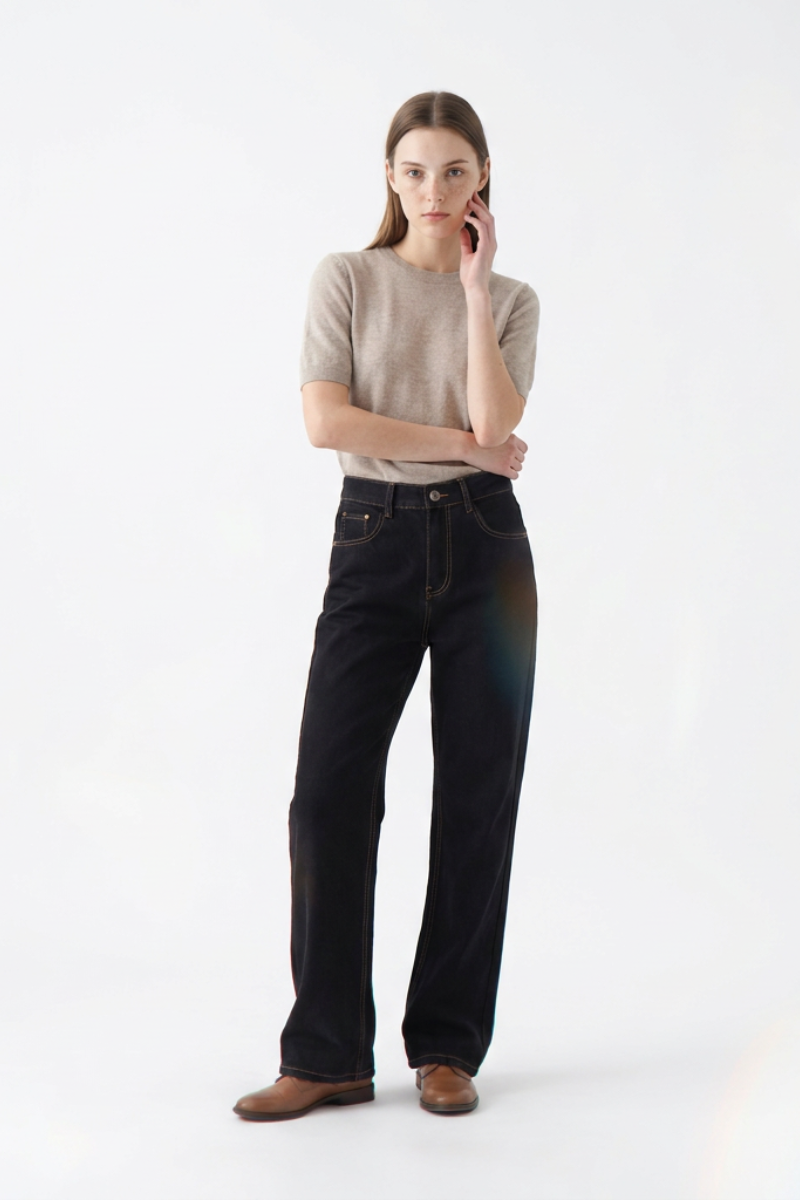 Women's Raw Black Wash High Waist Straight Leg Jeans