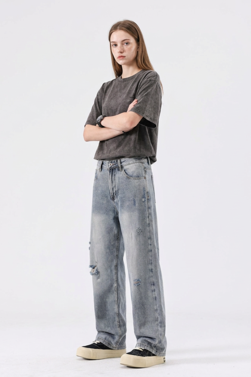 Women's High Waist Distressed Ripped Straight Jeans