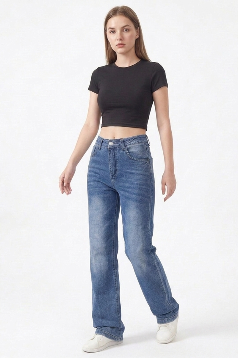 Women's Classic Blue Washed High Waist Straight Leg Jeans