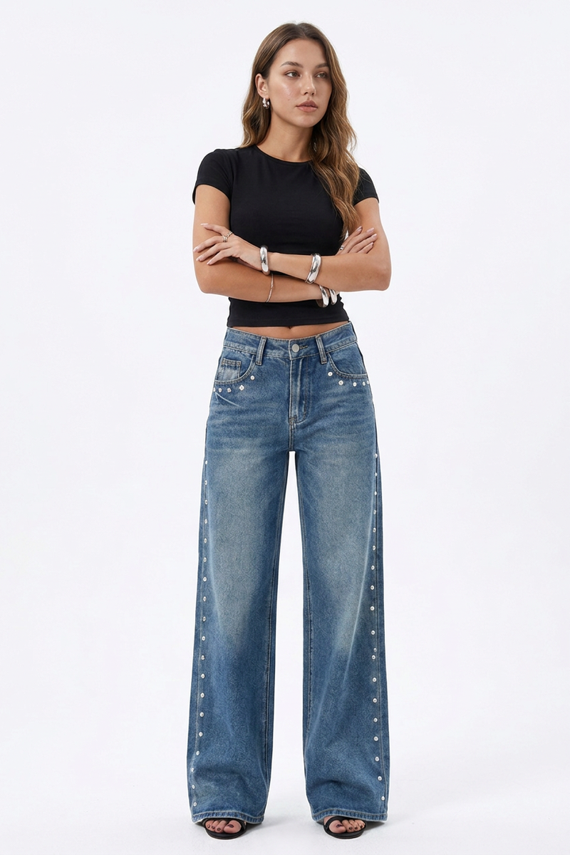 Women's Studded Side High Waist Wide Leg Jeans