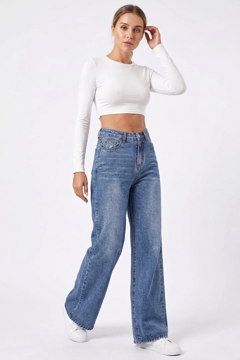 Women's Vintage Wash High Waist Wide Leg Jeans