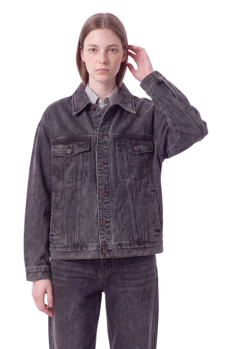 Women's Washed Black Grey Classic Denim Jacket