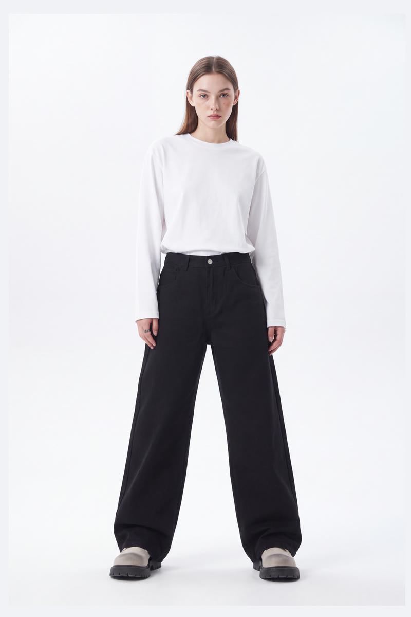 Women's High Waist Pure Black Wide Leg Jeans