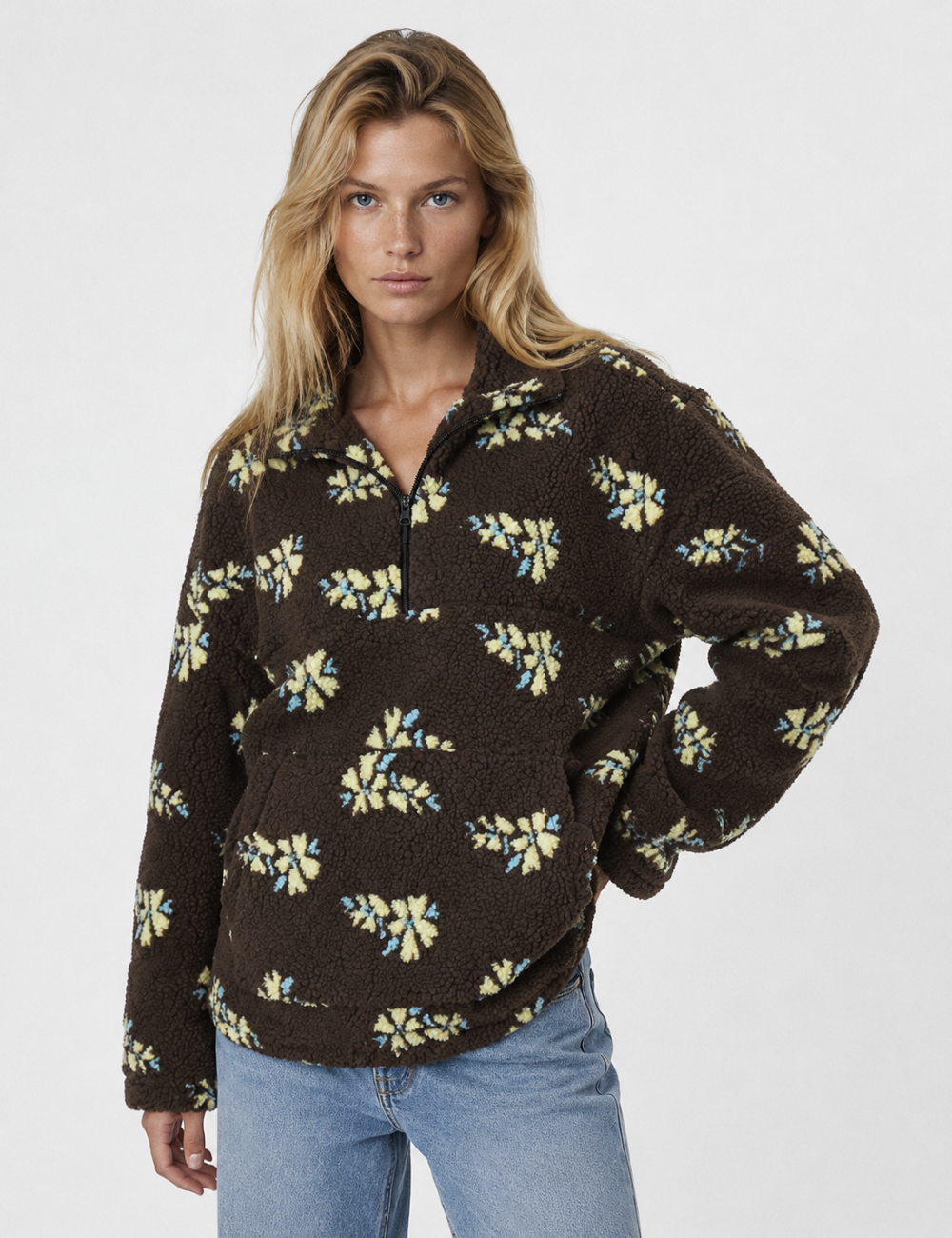 Ladies Casual Floral Pattern Zipper Front Fleece Pullover Sweatshirt
