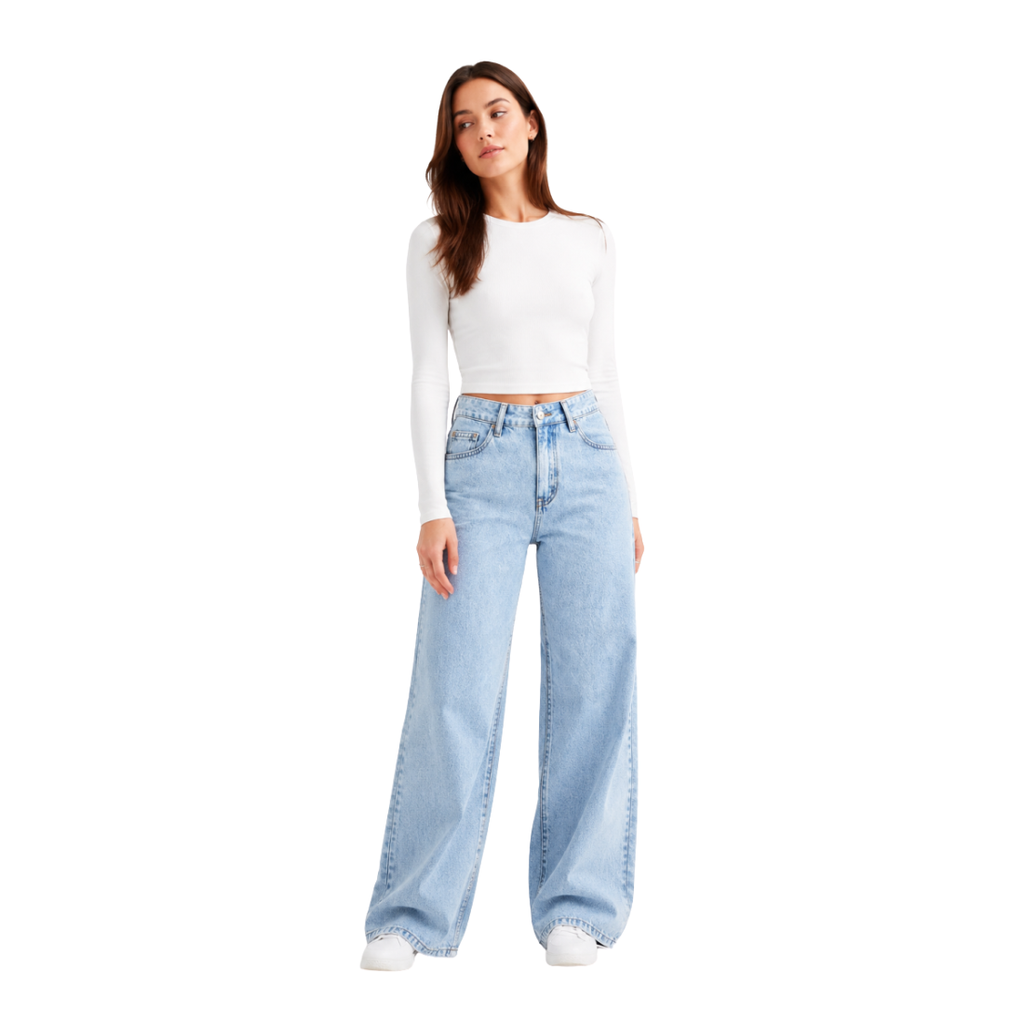Women's High Waist Light Blue Straight Wide Leg Jeans
