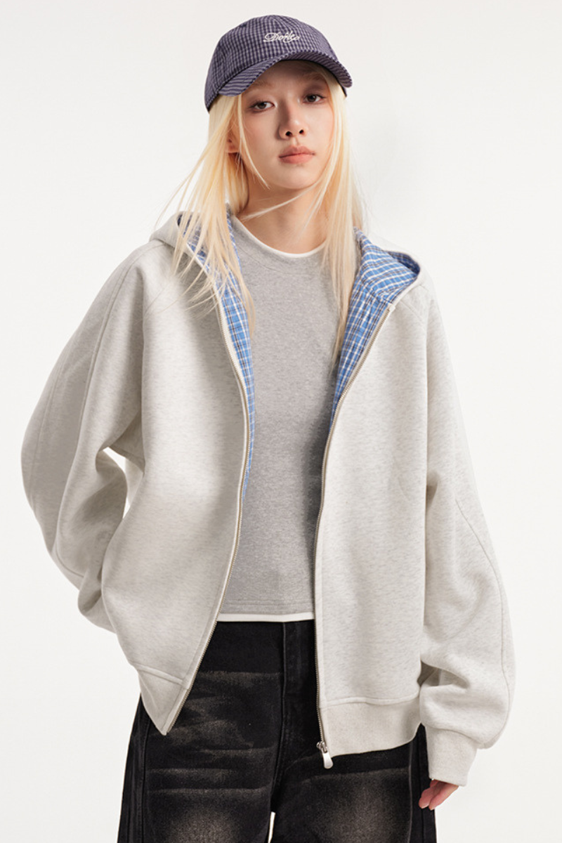 Unisex Fall Clothing Plaid Zip Hoodie American Retro Loose