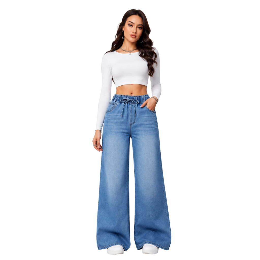 Women's Drawstring Elastic Waist Wide Leg Jeans