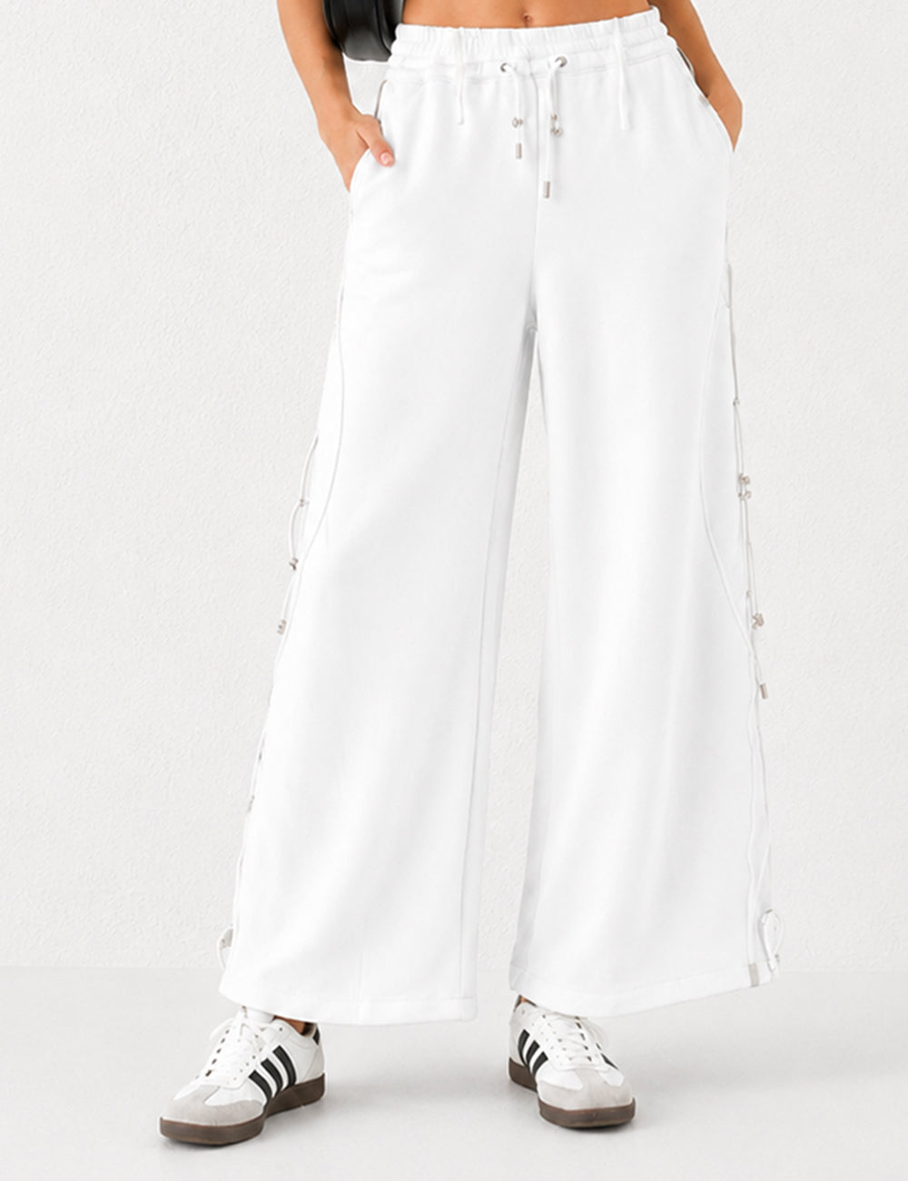 Ladies Drawstring Metal Toggle Elastic Waist Wide Leg Pants