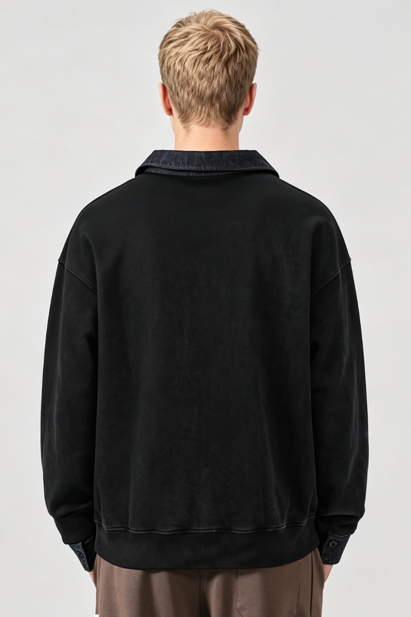 Men's Fall Clothing Fleece Denim-Collar Polo Sweatshirt