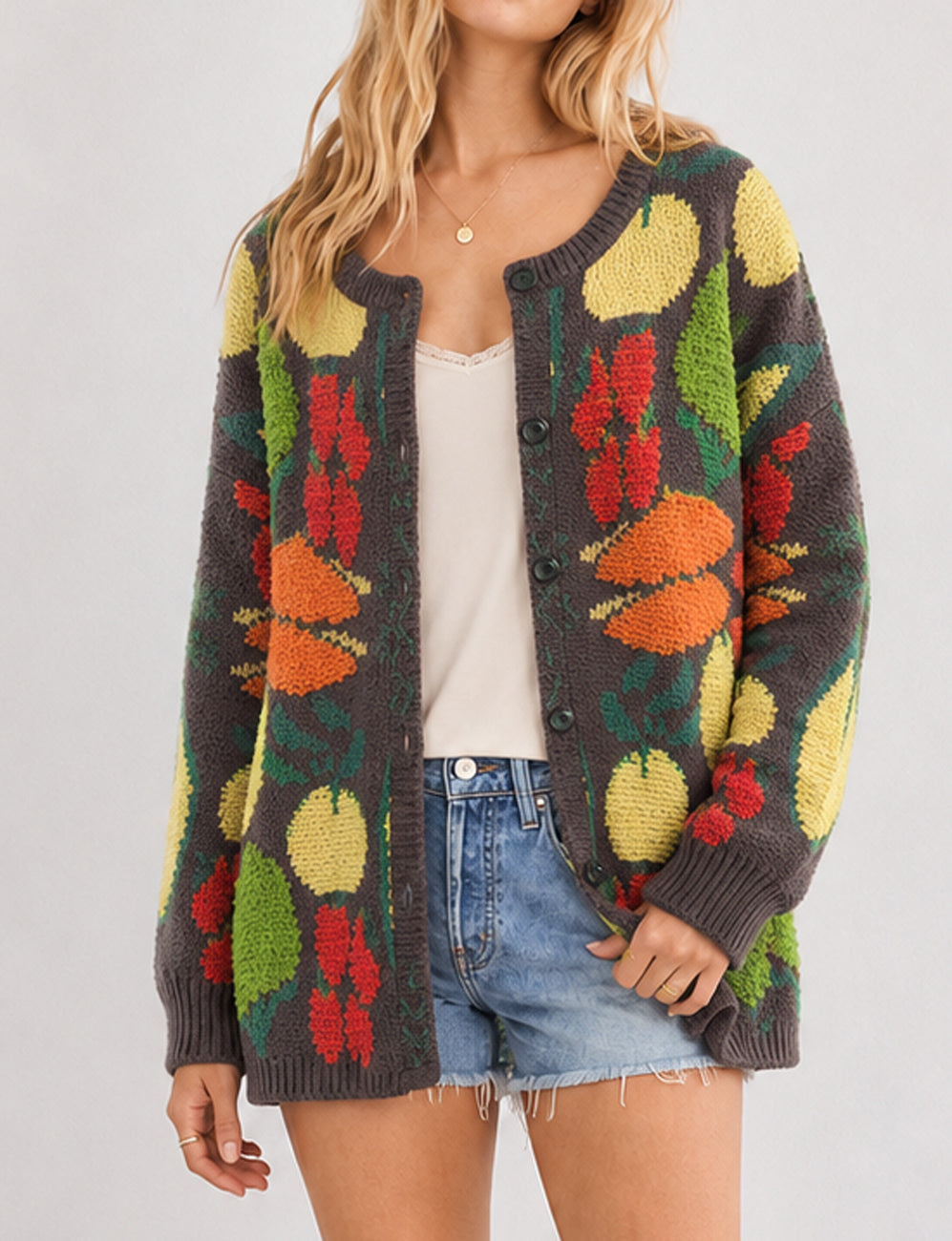 Ladies Veggie Garden Jacquard Round Neck Button Cardigan
