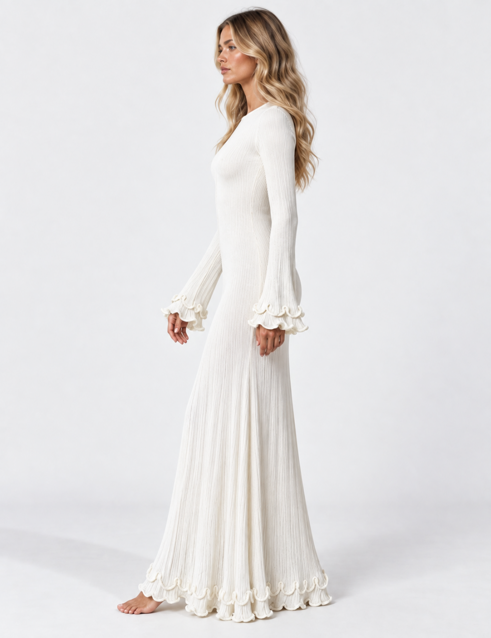 Ladies Round Neck Ruffle Flare Sleeves Ribbed Knit Maxi Dress