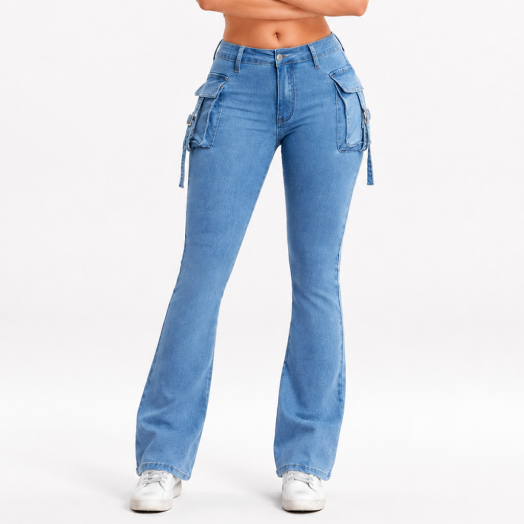 Women's High Waist Stretch Flare Cargo Jeans